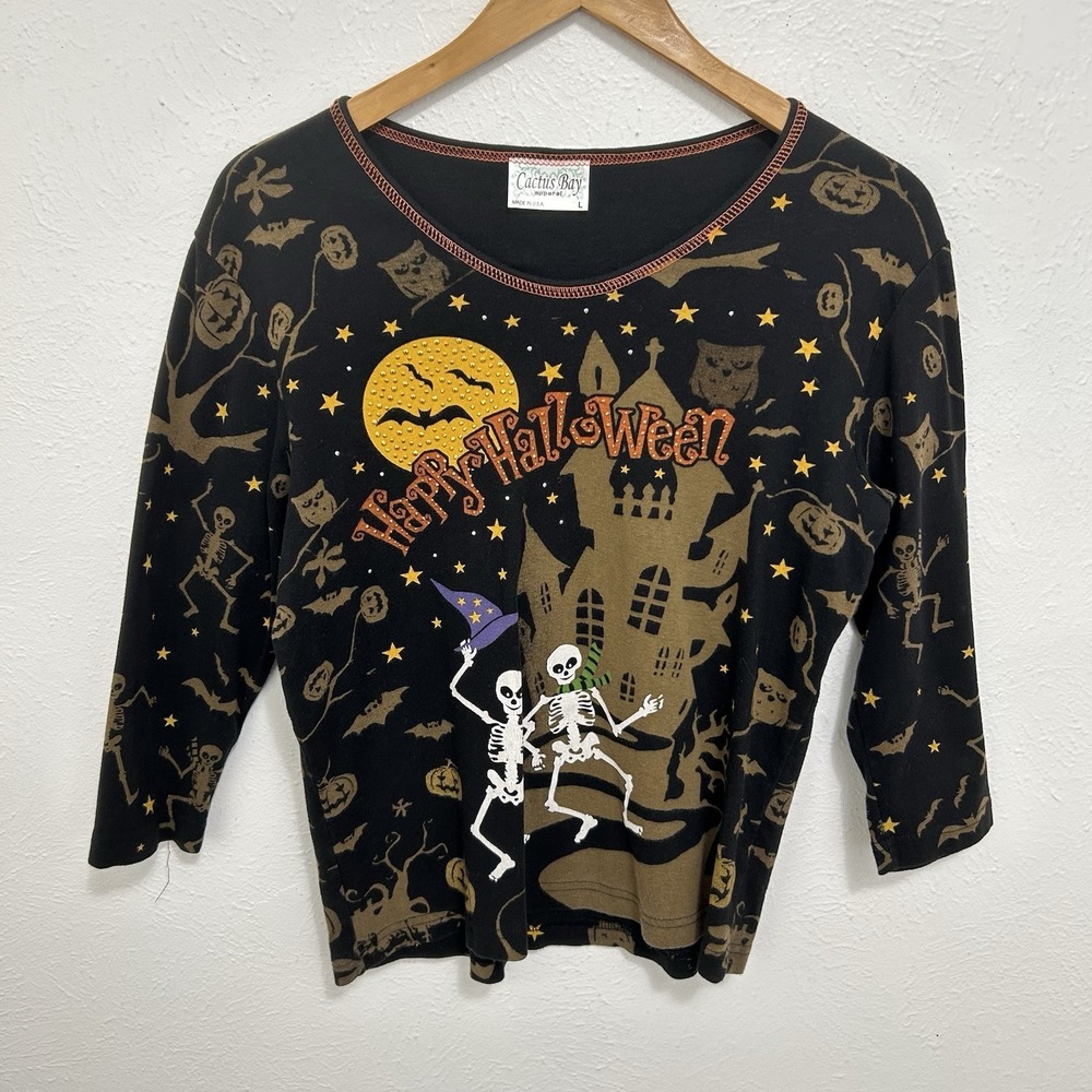 Vintage 90s Cactus Bay Black Happy Halloween Skeletons Castle Top Pumpkins Sz L